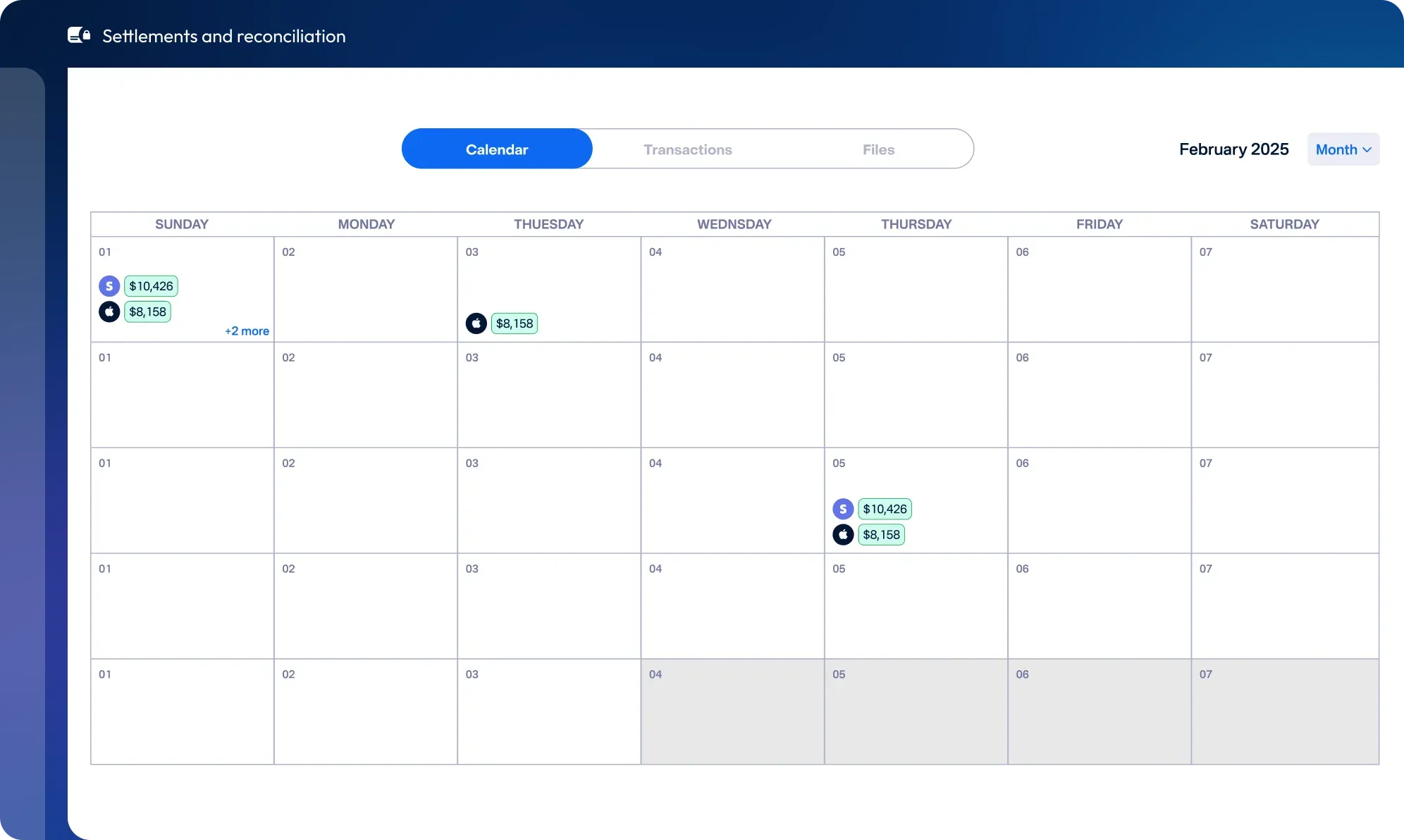 Settlements and reconciliation calendar view for February 2025