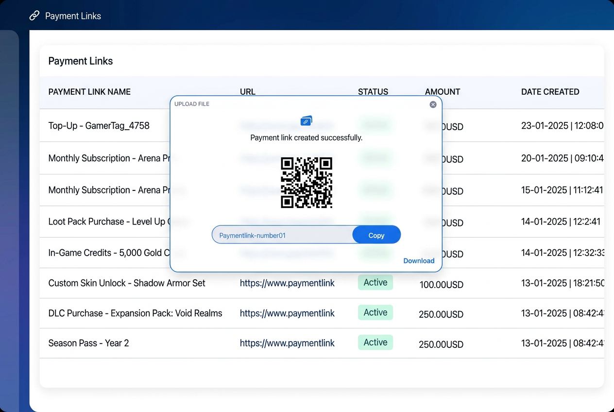 Payment link management with QR code and active links