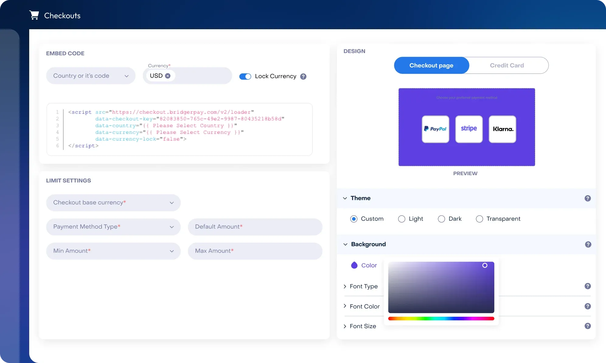 Checkout builder with embed code, currency lock and design preview